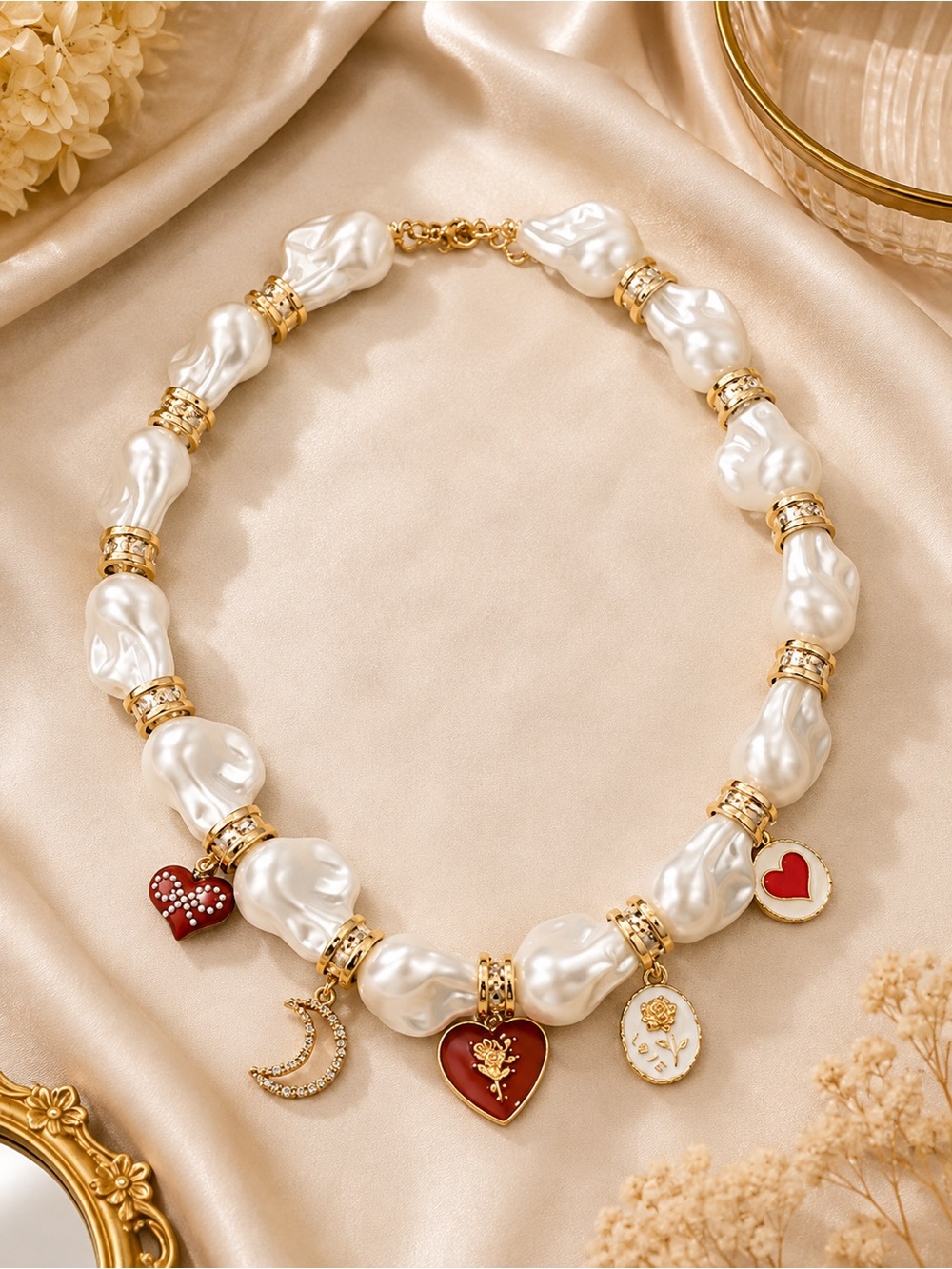 Pearl Heart & Moon Charm Statement Necklace